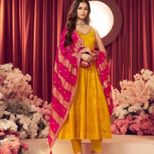 Yellow Dola Jacquard Frock- 3 piece