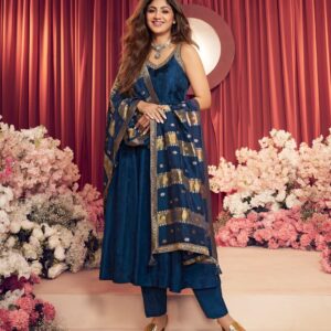 Navy Blue Dola Jacquard Frock- 3 piece